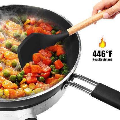 oannao Silicone Cooking Utensils Set - 446°F Heat Resistant Silicone Kitchen Utensils for Cooking,Kitchen Utensil Spatula Set w Wooden Handles, BPA FREE Gadgets for Non-Stick Cookware (Khaki)