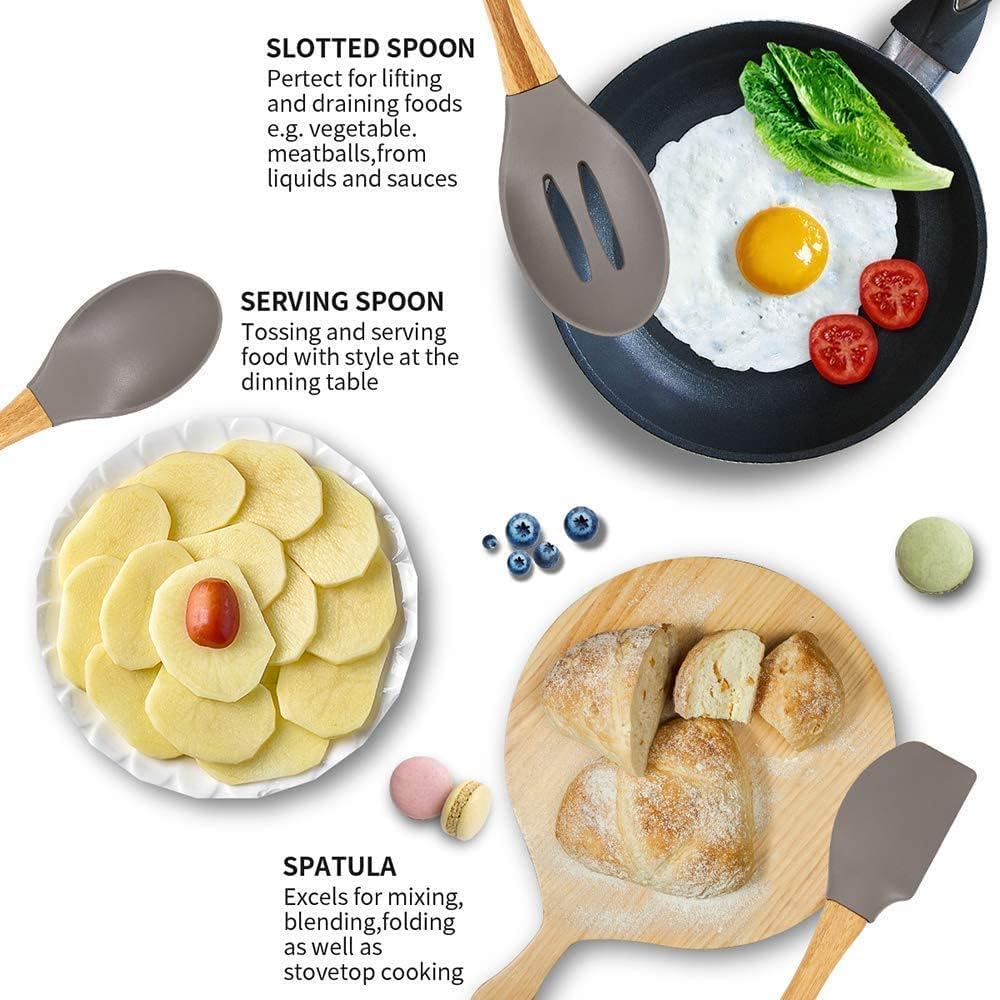 Kitchen Cooking Utensils Set, 13 pcs Non-Stick Silicone Cooking Kitchen Utensils Spatula Set with Holder, Bamboo Handle Silicone Kitchen Gadgets Utensil Set for Nonstick Cookware