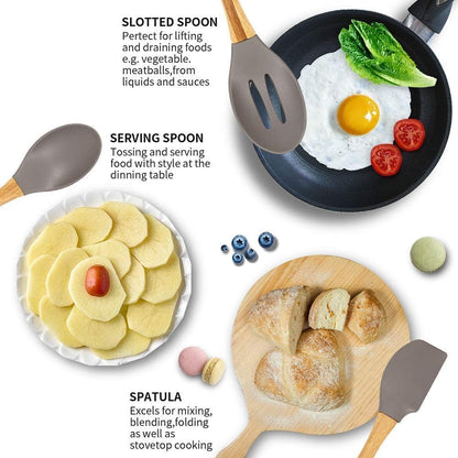Kitchen Cooking Utensils Set, 13 pcs Non-Stick Silicone Cooking Kitchen Utensils Spatula Set with Holder, Bamboo Handle Silicone Kitchen Gadgets Utensil Set for Nonstick Cookware