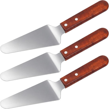 Mifoci 3 Pcs Pizza Spatula Pie Server Stainless Steel Cheese Spatula Set with Handle, Easy to Grip Baking Triangular Spade Cake Cutter Slicers for Cheese Dessert Serving, 9.8 x 2.4 Inches (Wooden)