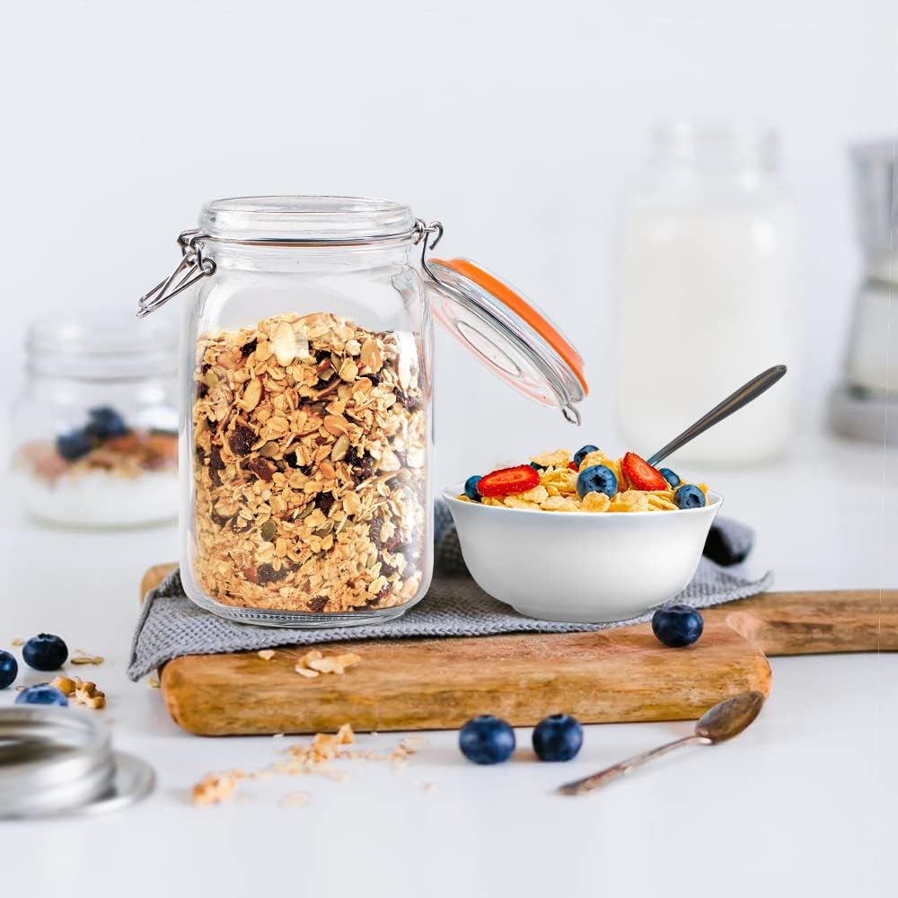 [UPGRADE] 2 Pack Square Super Wide Mouth Airtight Glass Storage Containers with Lids, 1.1 Gallon Glass Jars with 2 Measurement Marks, Canning Jars with Leak-proof Lid for Kitchen (Spare Gasket)
