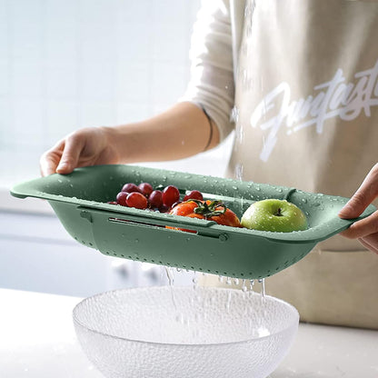 KesaPlan Collapsible Sink Colanders and Strainers Basket Over the Colander Extendable Plastic Fruit Vegetable Strainer Drainer for Kitchen(Length 14.3-19.4 inch)(Gray Set of 2)