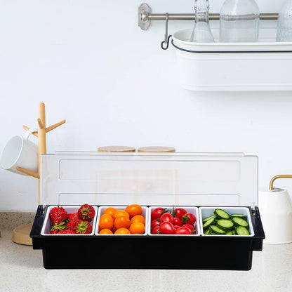 Ice Cooled Condiment Serving Container-6 Compartment Chilled Garnish Tray Bar Caddy with Hinged Lid (6 Compartments)