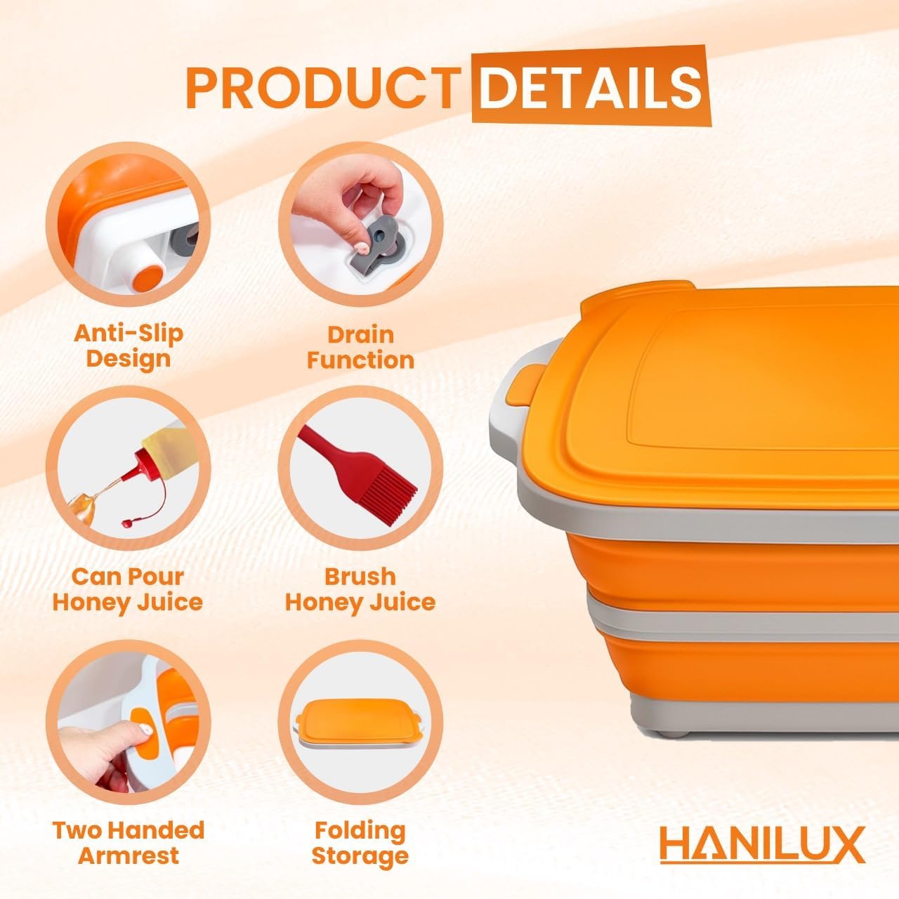 Collapsible BBQ Prep Tub, (8L) Meal prep, Marinating Food Container, Folding Cutting Board, Multi-Function Grill Caddy W/Bulit-In Colander & Lid, 2 Squeeze Bottles1 Silicone Brush for Picnic- Camping-