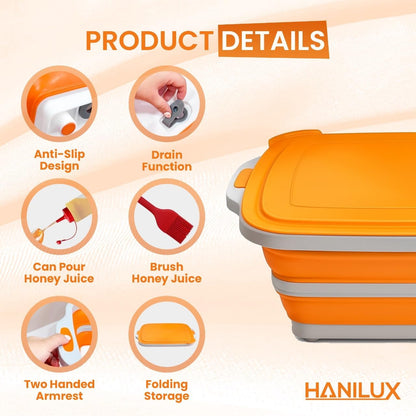 Collapsible BBQ Prep Tub, (8L) Meal prep, Marinating Food Container, Folding Cutting Board, Multi-Function Grill Caddy W/Bulit-In Colander & Lid, 2 Squeeze Bottles1 Silicone Brush for Picnic- Camping-