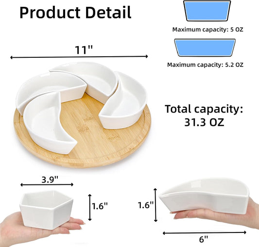 Cididu Ceramic Serving Tray Platters Lazy Susan, Rotating Divided Serving Set with 6 Removable Compartment, 11'' Appetizer Relish Dish, Snack Bowl Set for Christmas, Thanksgiving, Party, Kitchen