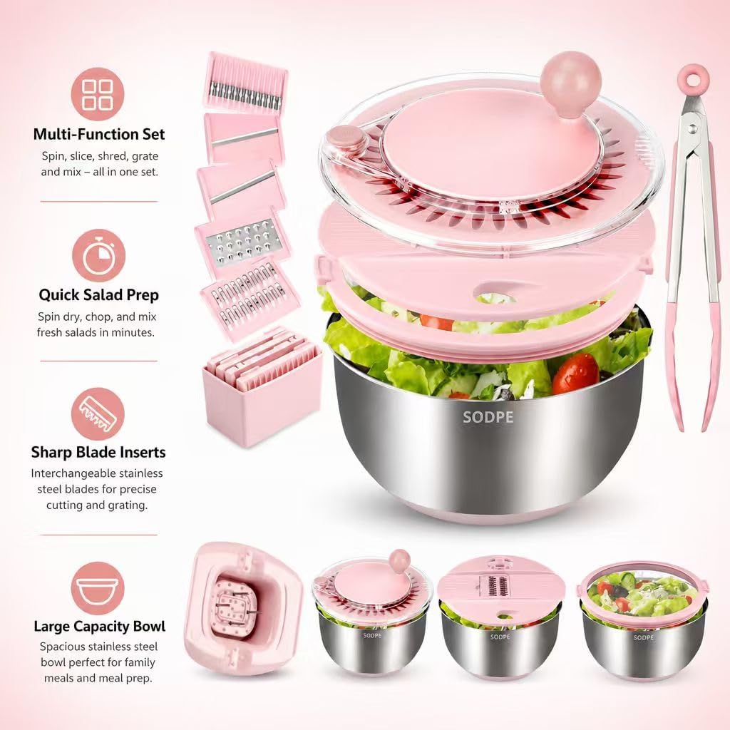 Stainless Steel Salad Spinner Large with 5 Blades Slicer, Lettuce Washer Spinner and Dryer, Vegetable Fruits Chopper Bowl, Egg Yolk Strainer Comes with Dipping Saucers and Clip, 5.3Qt