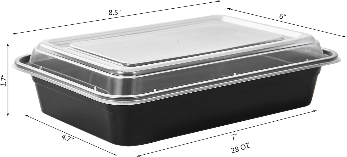 FULING 32 oz 50 ct Round Meal Prep Containers with Lids Plastic Food Storage Lunch Plan To Go Box Disposable Take Out Bowls Black BPA Free Reusable Durable Stackable Microwave Freezer Dishwasher Safe
