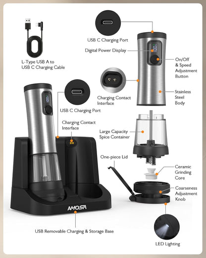 Electric Salt and Pepper Grinder Set, 2 in 1 Dual Bins USB Rechargeable
