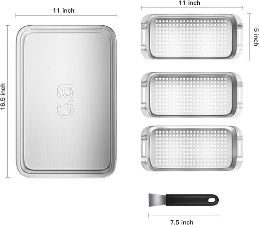 Grill Basket Set - BBQ Grill Tray with 3-Piece Grill Basket & Universal Handle, Heavy-Duty Stainless Steel, Dishwasher Safe, Rust-Resistant for Outdoor Cooking, Camping, Picnic, Gas, Charcoal Grills