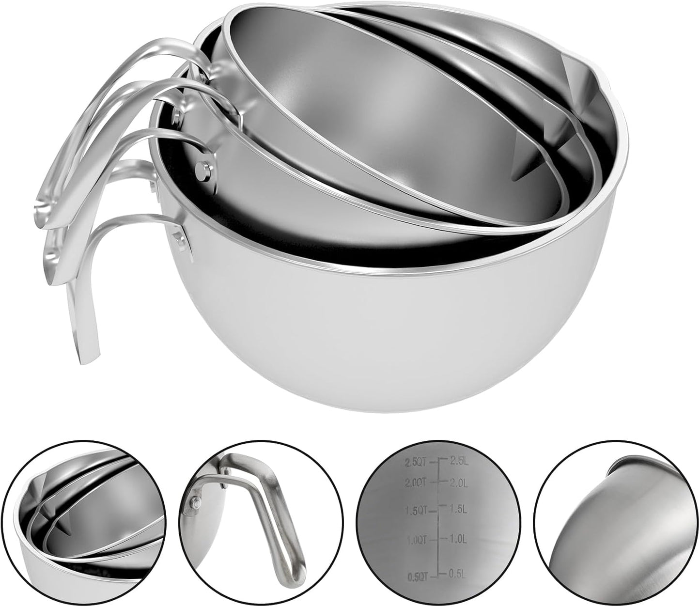 3 Pieces 304 Stainless Steel Mixing Bowls, 1.3/2.1/2.6 Quart Mixing Bowl Set with Handle, Pour Spouts & Measurement Marks, Metal Nesting Bowls with Silicone Spatula for Baking Cooking