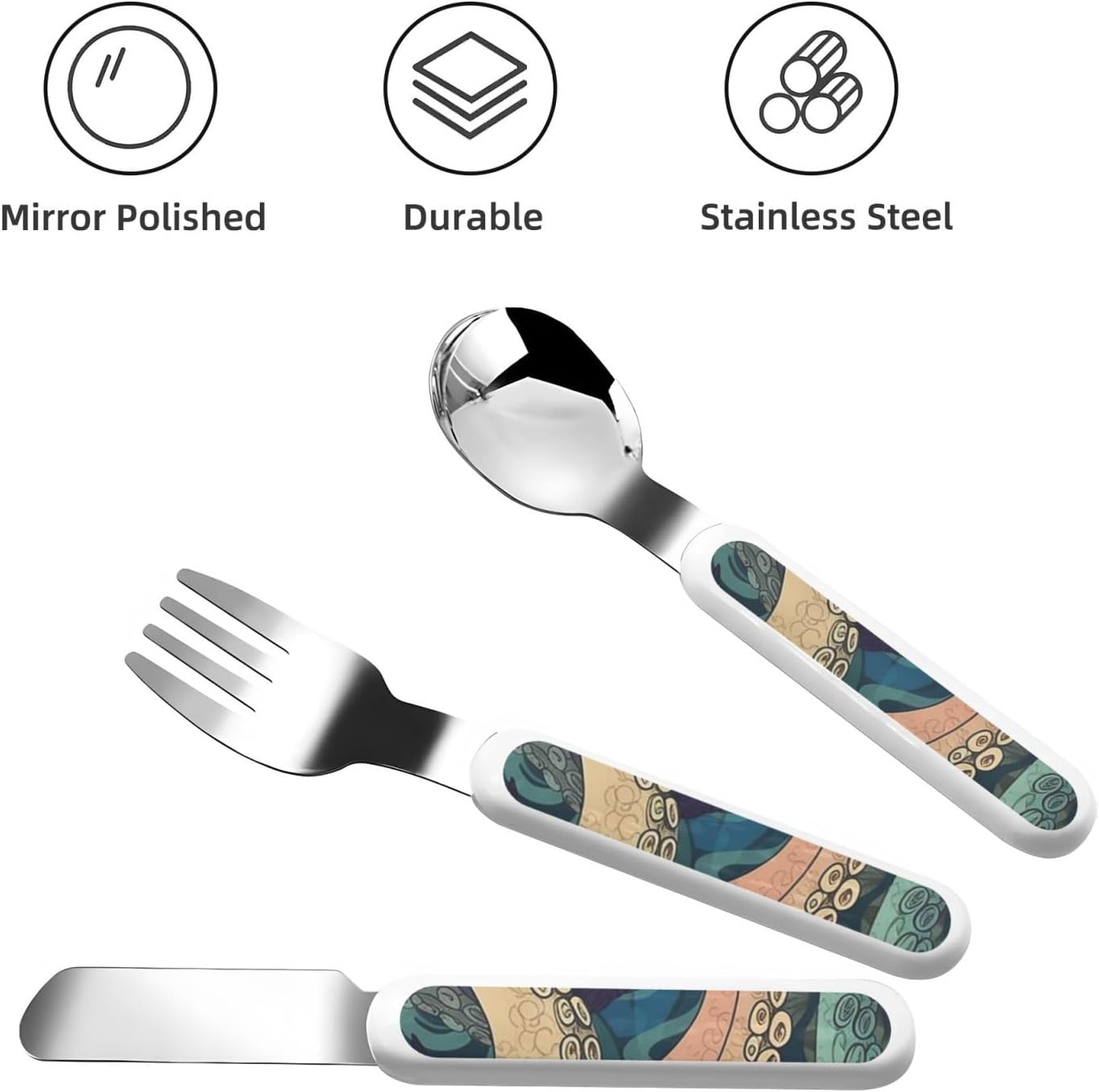 3-Piece Kids Silverware Set With Storage Case, Stainless Steel Reusable Children Safe Knife Spoon Fork Set Abstract Octopus Kraken Children Flatware Set For Kids Lunch Box