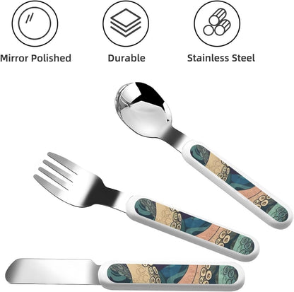 3-Piece Kids Silverware Set With Storage Case, Stainless Steel Reusable Children Safe Knife Spoon Fork Set Abstract Octopus Kraken Children Flatware Set For Kids Lunch Box