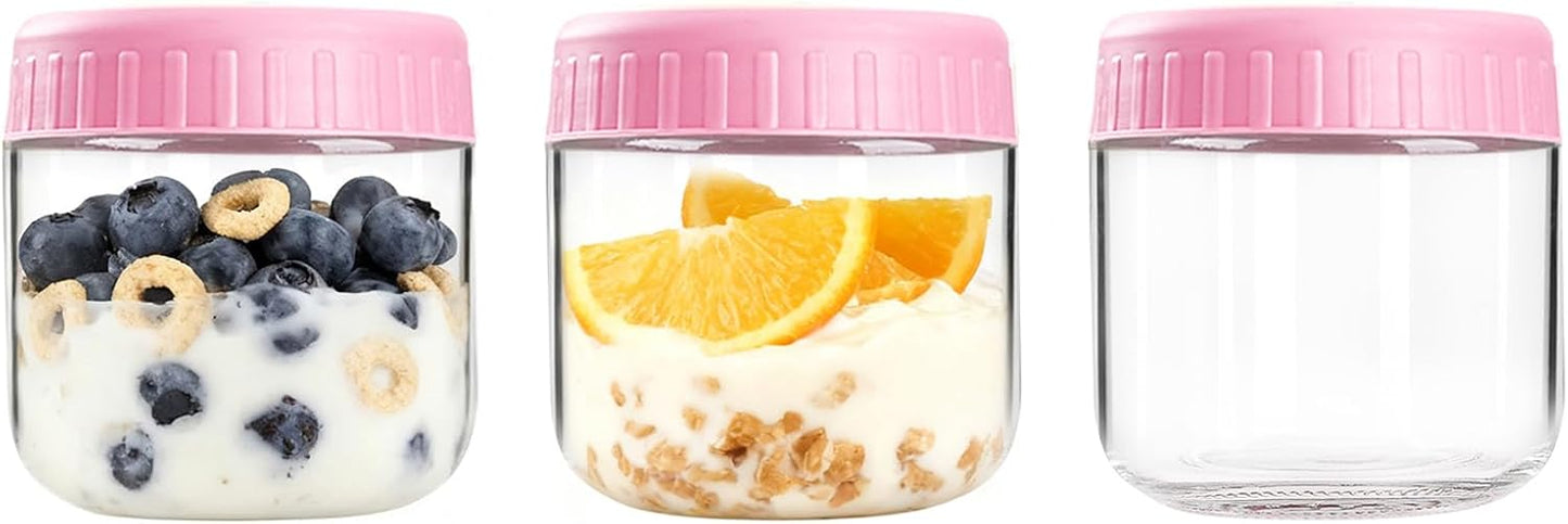 Overnight Oats Containers with Lids, 10oz Wide Mouth Mason Jars with Lids, 9 Pack Glass Jars with Airtight lid for Chia Pudding Yogurt Salad, Meal Prer Oatmeal Jars, Pink