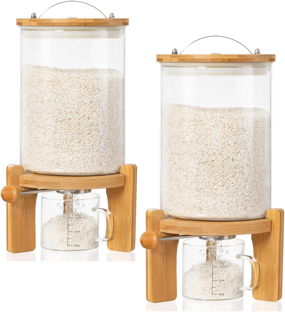 HBlife 5-7 Lbs Glass Rice Dispenser with Wooden Stand Flour and Cereal Container with Glass Measuring Cup Pantry Food Organization Storage Bin with Airtight Bamboo Lid, 3L