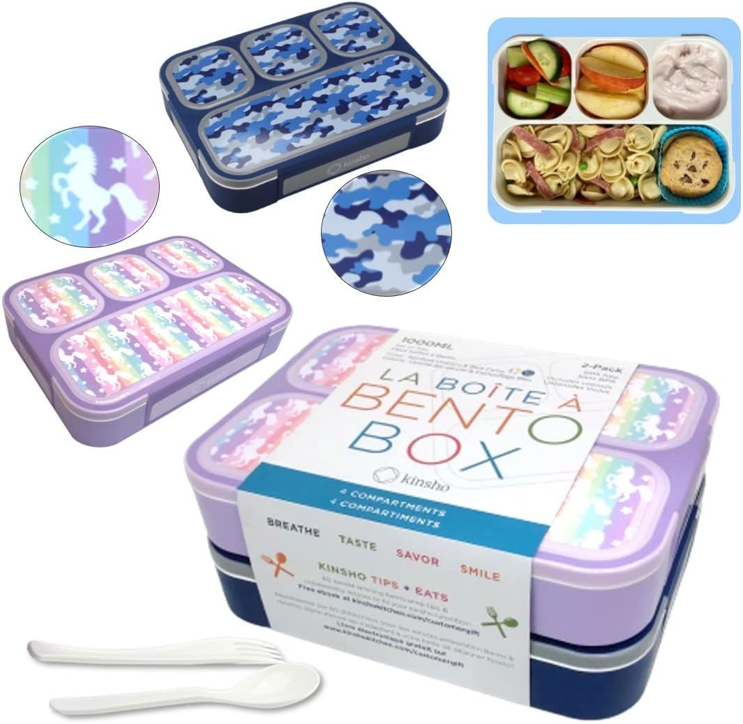 Bento Lunch Box for Kids or Adults, Snack Containers for Boys, Girls, School Daycare Work, 3 Divided Compartments Meal Planning Portion Control, BPA-Free Boxes, Utensils | Blue Purple 2 pack