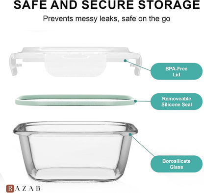 Razab 6 PC Square Glass Food Storage Containers with Airtight lids (74, 40 & 18 oz) Kitchen Glass Meal Prep Containers Set for Freezer Reusable Leftover Lunch Boxes, Oven, Microwave, Dishwasher Safe