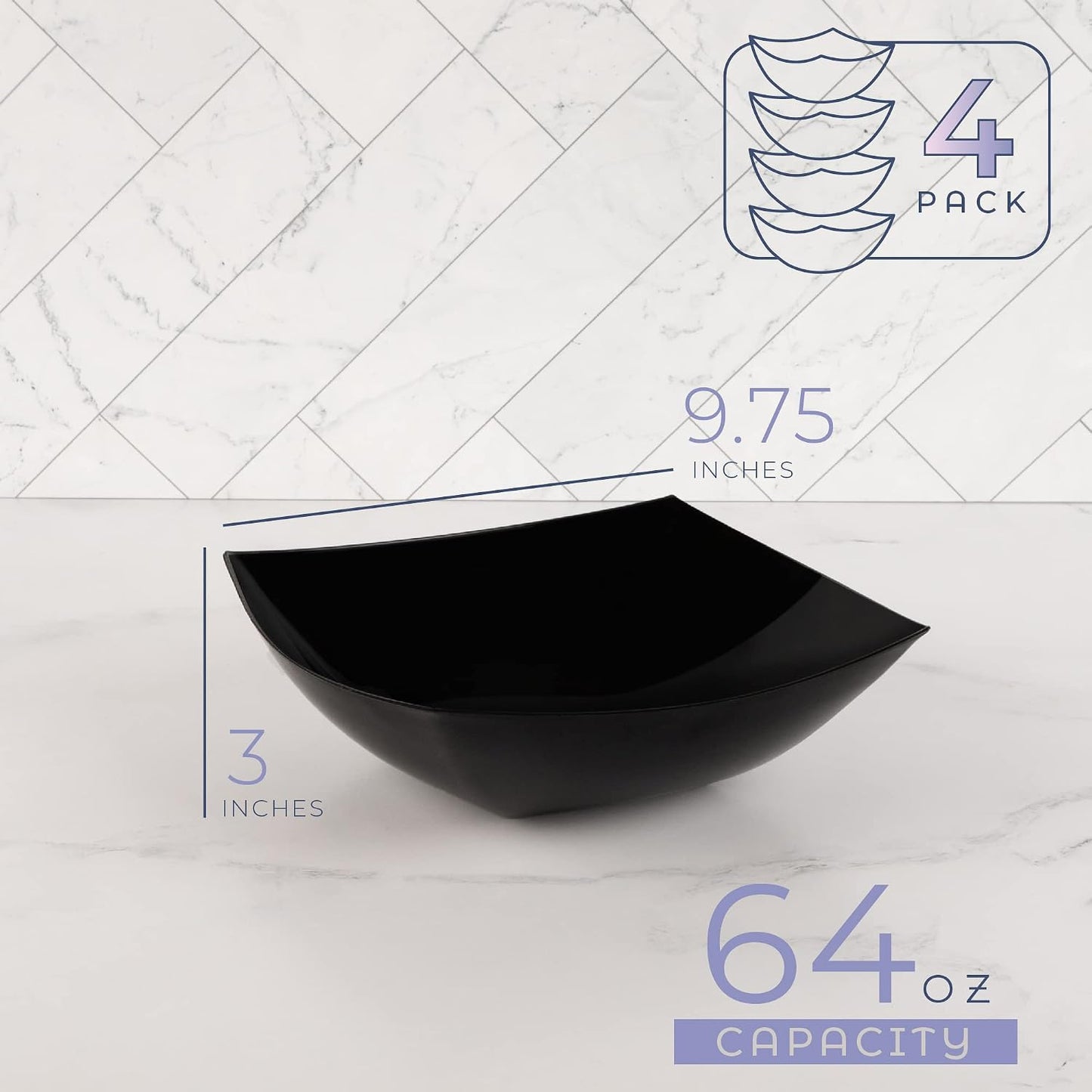 PLASTICPRO Disposable Square Serving Bowls, Party Snack or Salad Bowl, Plastic Clear or White Pack of 4 (16 OUNCE, White)