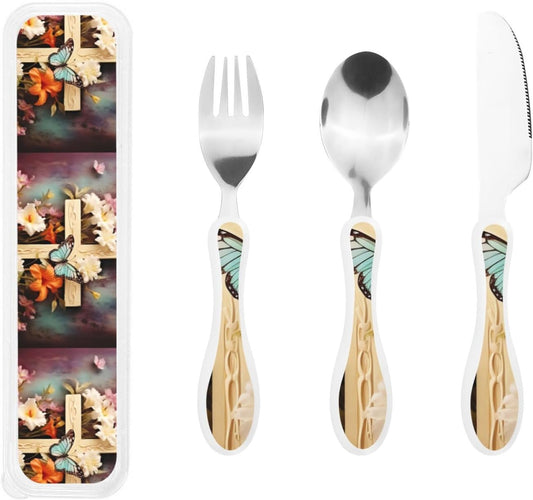 Stainless Steel Kids Silverware Set, Flower Branches On The Cross Utensil Set Reusable Children Safe Knife Spoon Fork Set With Storage Case Dishwasher Safe For Lunch, Travel Outdoors