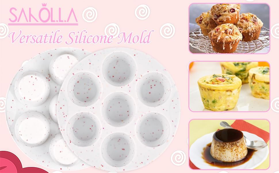 Sakolla 2 Pack Silicone Egg Bite Molds for Air Fryer, Nonstick 7 Cups Air Fryer Muffin Pan for Baking Egg Bite, Mini Muffins, Tart, Mini Cupcake and Quiche (Pink + Green)