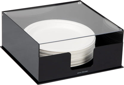 Mind Reader Utensil Napkin and Plate Organizer Tray, Countertop Caddy with 7 Compartments, Holds Plates up to 10.5 Inches, Breakroom and Buffet Organizer, Plastic, Black