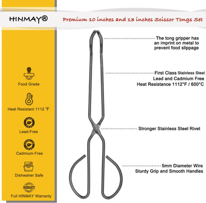HINMAY Stainless Steel Kitchen Scissor Tongs Set, 2-Piece (10/13 Inch) | Metal Scissor Tongs for Cooking, Grilling, Serving, and Barbecue