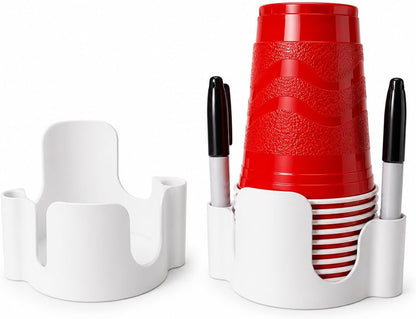 Party Cup Dispenser with Marker Holder – Stackable Plastic Cup Organizer for Parties, Events, BBQs, Picnics, Graduations & Drink Stations, Cup and Marker Caddy, Black (Red)