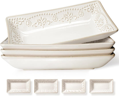 Artena 9.85" Ceramic Rectangle Plates Set of 4 - Deep Lipped Edges, Appetizer Salad Sushi Pasta Dessert Plates, Microwave/Oven Safe, Cute Kitchen Dinner Restaurant Serving Dishes (Wheat Leaf)