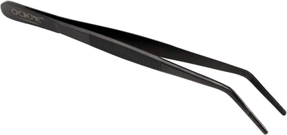 O'Creme 8 Inch Black Stainless Steel Precision Kitchen Culinary Offset Tweezer Tongs