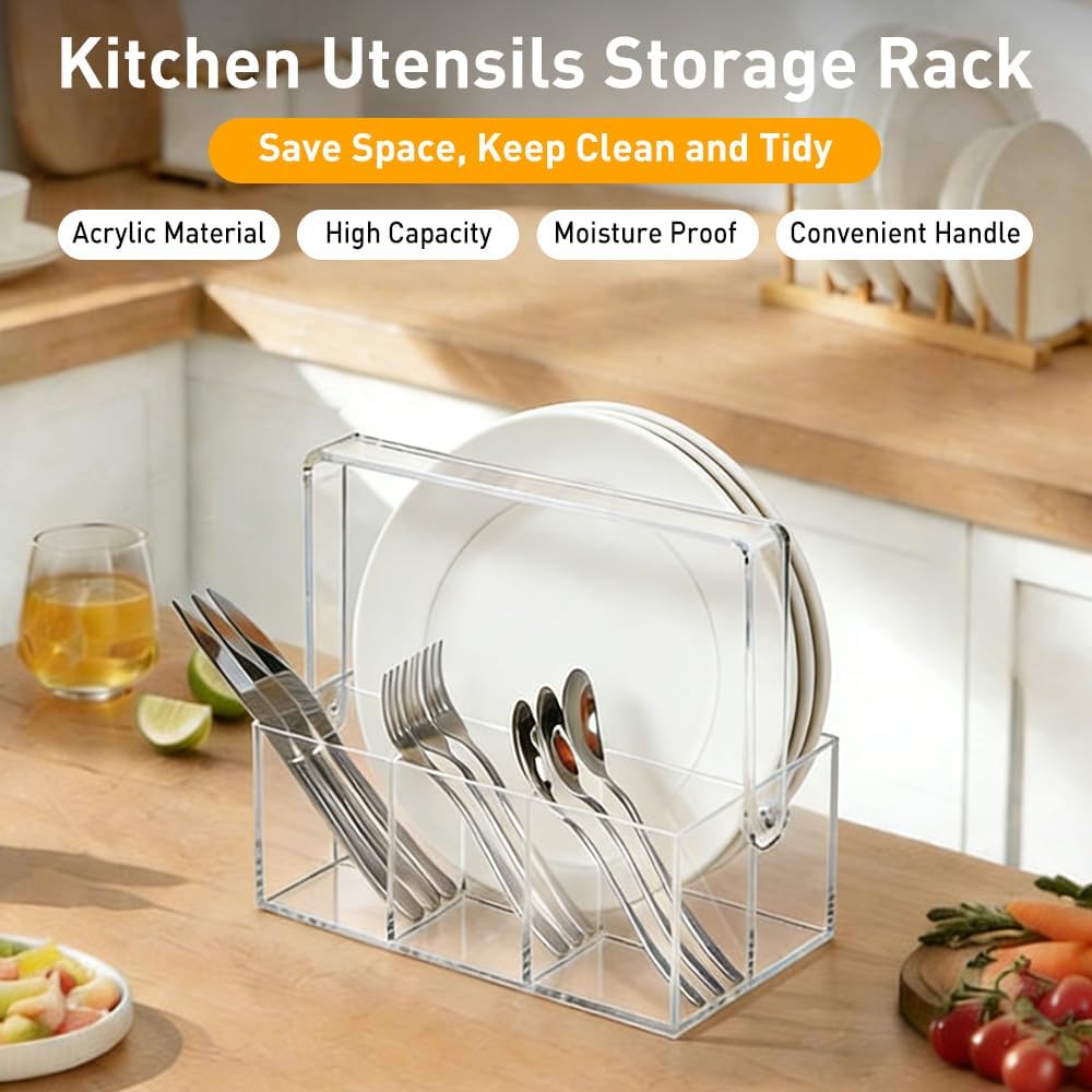 Acrylic Silverware Organizer, Utensil Holder-Heavy-Duty Countertop, Cutlery and Flatware for Spoons, Forks, Knives, Napkins, Plates, Buffet, Picnic Party