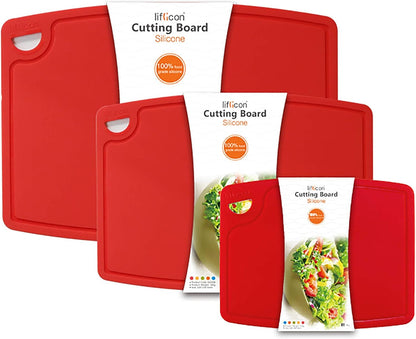 Liflicon Thick Cutting Boards for Kitchen Silicone Chopping Board Set of 2 Mid 12.6'' x 9.1”,Mini 9.1”x7.1” Non-slip Deep Drip Juice Groove Easy Grip Handle,Dishwasher Safe-Red