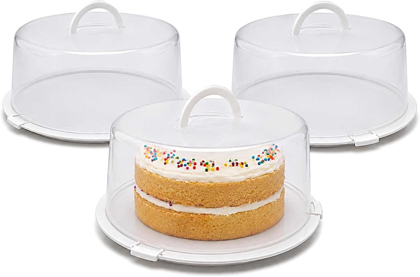 3-Pack Cake Carriers with Lids - 12 × 12 × 4.75 Inch Plastic Cake Containers - Lightweight BPA-Free Plastic Freezer Safe Reusable Storage with Handles Holds 10-Inch Cakes Stackable Easy Transport