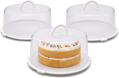 3-Pack Cake Carriers with Lids - 12 × 12 × 4.75 Inch Plastic Cake Containers - Lightweight BPA-Free Plastic Freezer Safe Reusable Storage with Handles Holds 10-Inch Cakes Stackable Easy Transport