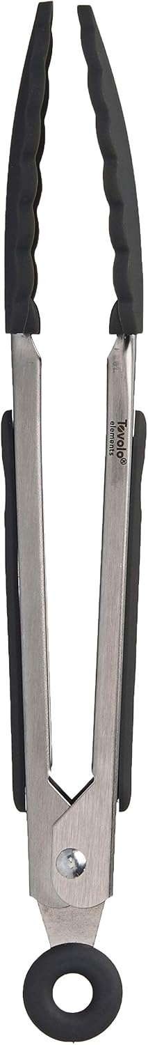 Tovolo Stainless Steel Tongs with Silicone Tips Set of 3 Mini 7” 9” 12 Inch with Easy Lock Mechanism for Cooking Grilling Air Fryer Serving, Red Black Charcoal Gray Heat Resistant Kitchen Tongs