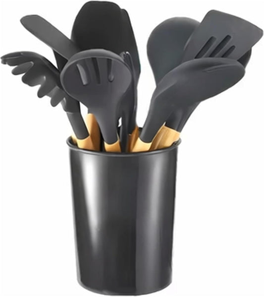 Silicone Kitchen Utensil Set with Holder, 12-Piece, Heat Resistant,Black,Red,Grey Colors Available (Grey)