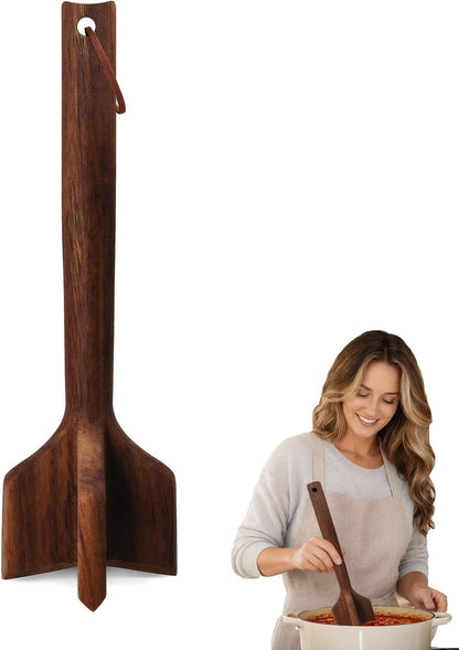 Handcrafted One-Piece Teak Wood Meat Chopper & Masher, Ground Beef Hamburger Smasher, Potato Masher and Chicken Shredder, Durable Kitchen Cooking Utensil Gadget, 11 x 3 Inches