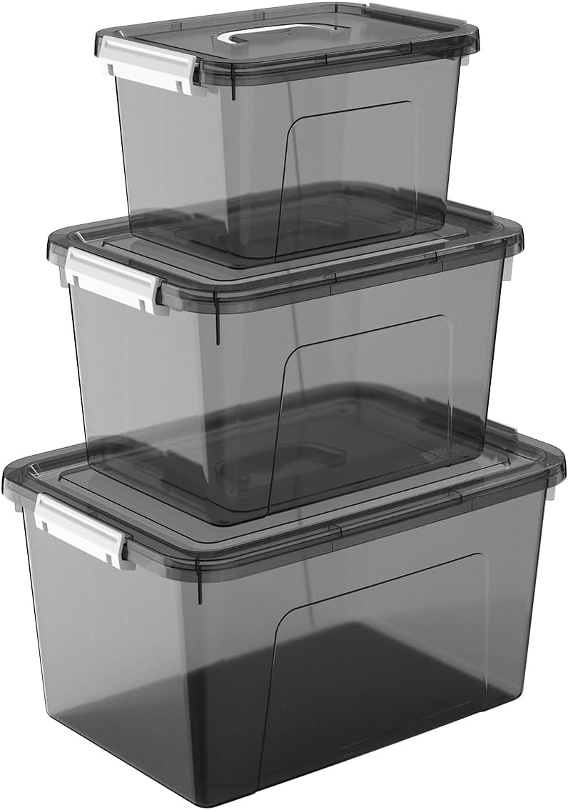 Plastic Storage Bins with Lids, 2 Pack Mixed Sizes (7 Qt, 16 Qt) Clear Black with Lid Stackable Organizer Boxes with Latches for Closet, Pantry, Bathroom, Office