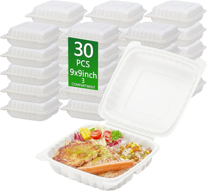 3-Compartment Clamshell Food Containers, Heavy Duty Plastic To Go Boxes with Hinged Lid, Microwave, Freezer & Dishwasher Safe, BPA-Free Takeout Trays for Meal Prep (White) (30, WHITE, 9 * 9inch)
