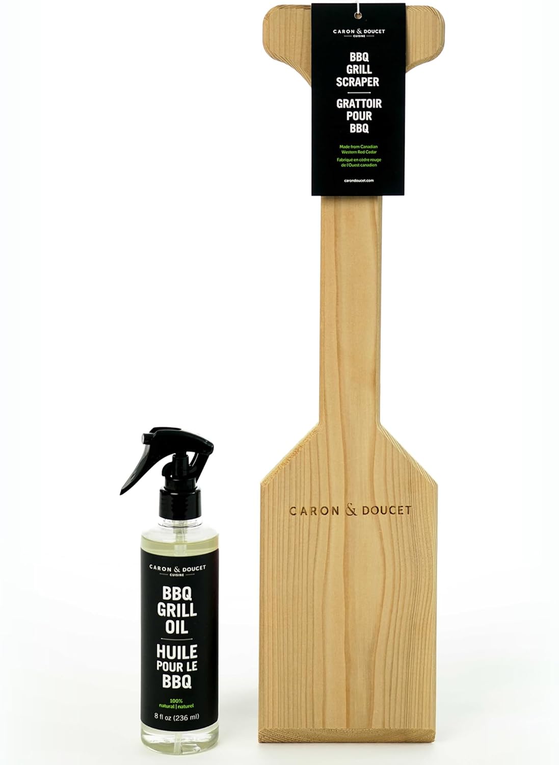 CARON & DOUCET BBQ Grill Cleaner Oil (16oz) & Natural Red Cedar Wood BBQ Grill Scraper Bundle – Wire Bristle Free, Safe Tool for Gas & Charcoal Grates