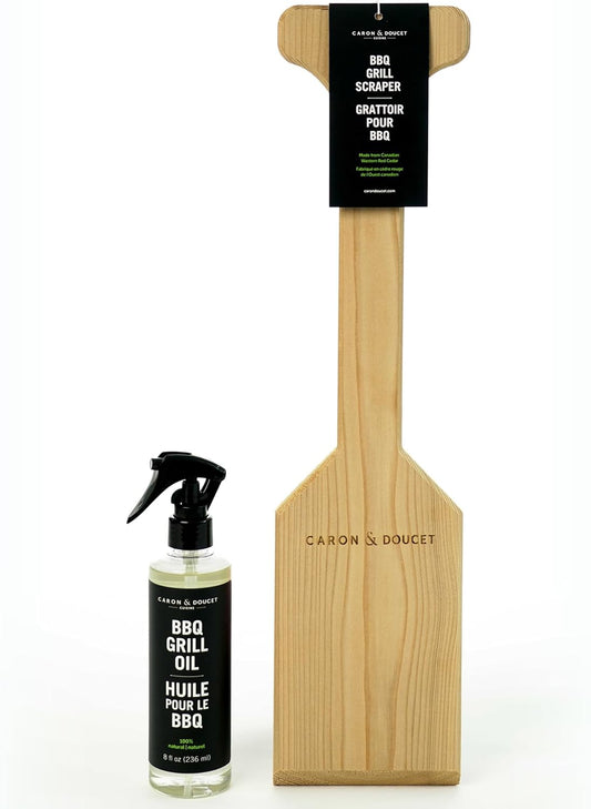 CARON & DOUCET BBQ Grill Cleaner Oil (16oz) & Natural Red Cedar Wood BBQ Grill Scraper Bundle – Wire Bristle Free, Safe Tool for Gas & Charcoal Grates