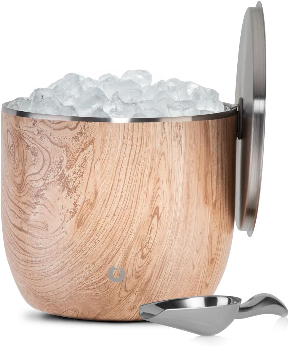 SNOWFOX Plus, Premium Vacuum Insulated Stainless Steel Ice Bucket with Lid/Scoop,Home Bar Accessories,Elegant Bartending Ice Bucket for Parties,Beautiful Outdoor Entertaining Supplies,3L,Natural Teak