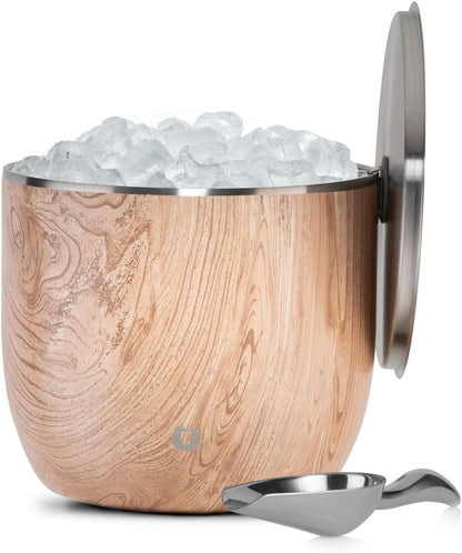 SNOWFOX Plus, Premium Vacuum Insulated Stainless Steel Ice Bucket with Lid/Scoop,Home Bar Accessories,Elegant Bartending Ice Bucket for Parties,Beautiful Outdoor Entertaining Supplies,3L,Natural Teak