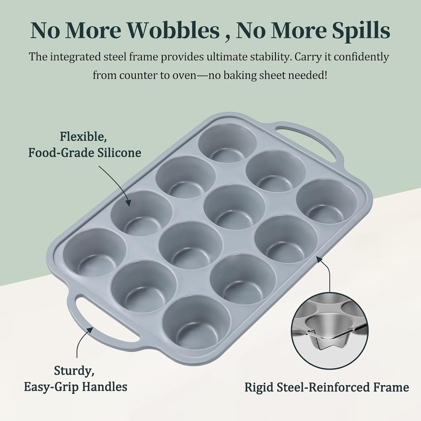 Silicone Muffin Pan with Metal Frame, 12-Cup Non-Stick Baking Pan for Cupcakes & Muffins, Dishwasher Safe & BPA Free, Durable for Meal Prep & Oven Use