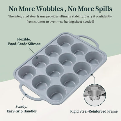 Silicone Muffin Pan with Metal Frame, 12-Cup Non-Stick Baking Pan for Cupcakes & Muffins, Dishwasher Safe & BPA Free, Durable for Meal Prep & Oven Use