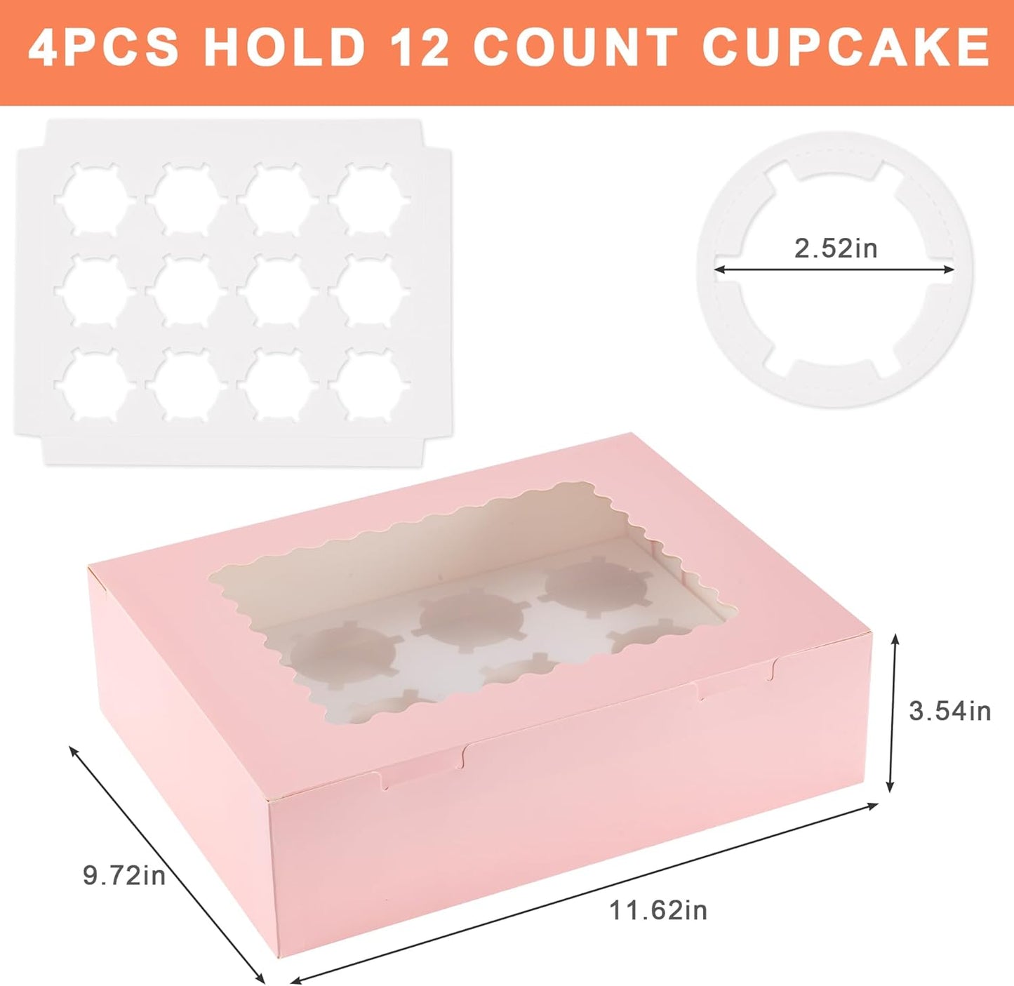 12 Count Cupcake Boxes, 4PCS Cupcake Container with Window, Food Grade Cupcake Holder for Birthday Holiday Party, Bakery Supplies for Cupcakes, Desserts, and More