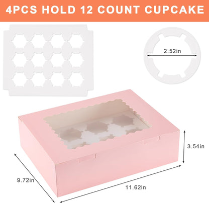12 Count Cupcake Boxes, 4PCS Cupcake Container with Window, Food Grade Cupcake Holder for Birthday Holiday Party, Bakery Supplies for Cupcakes, Desserts, and More
