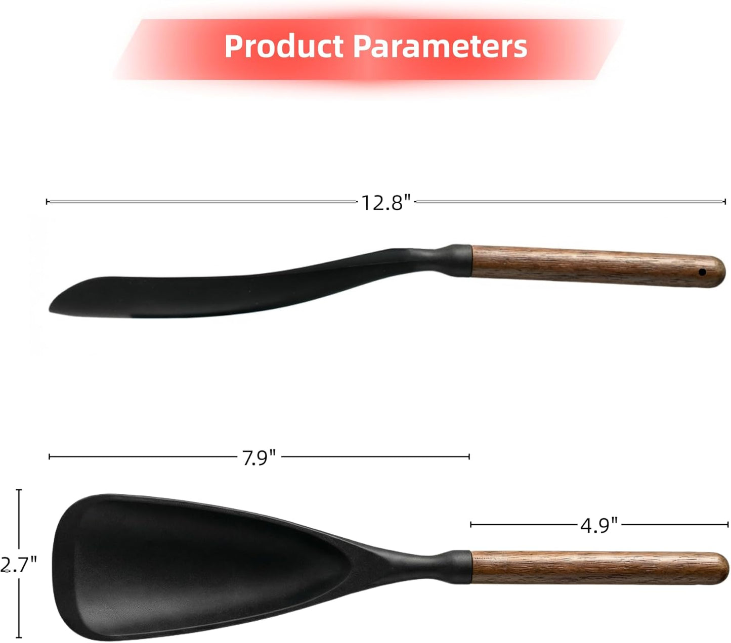 2-Pack Silicone Spoonula with Wooden Handle, BPA-Free Spatula Spoon for Nonstick Cookware, Heat Resistant Cooking Spoon for Mixing, Scraping, Scooping and Serving(Black)