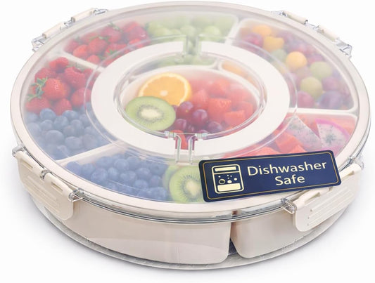 Divided Serving Tray with Lid - Snack Tray - Snack Box - Portable Snackle Box Organizer for Fruit, Salad, Chips & Dip - Lazy Susan Platter with Handle for Parties, Road Trips, Kids & Charcuterie