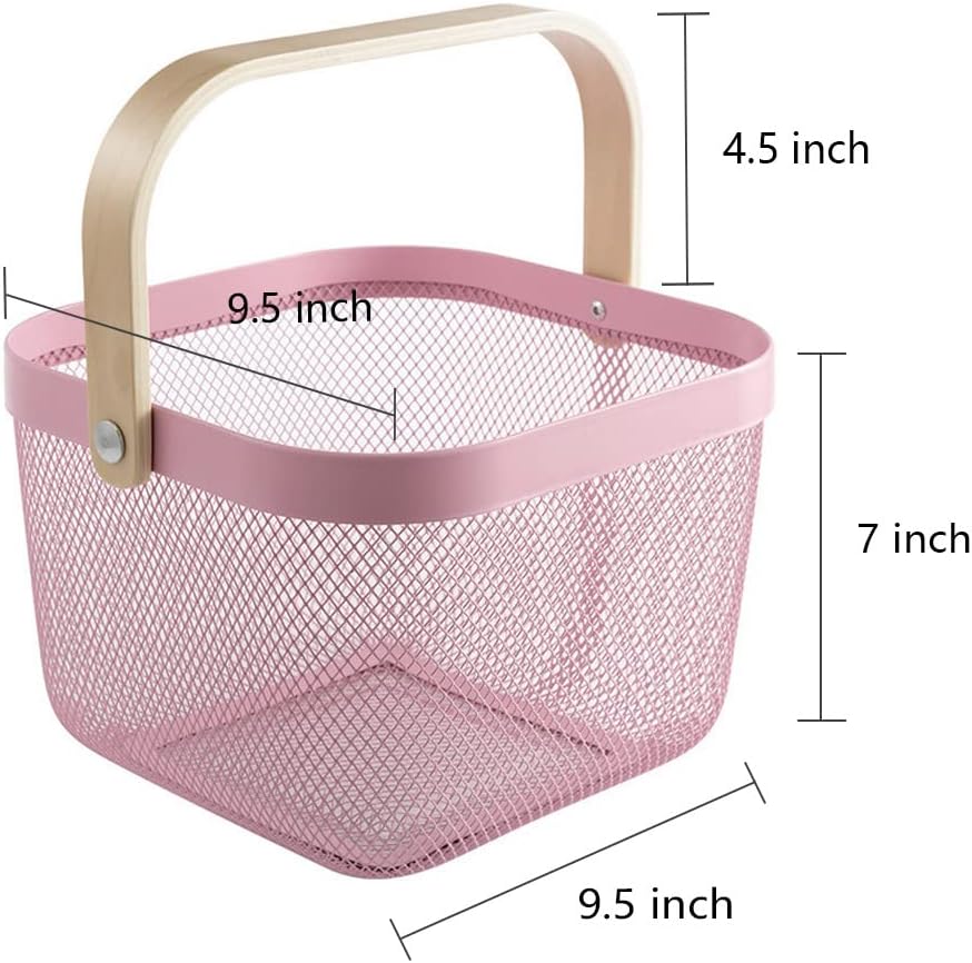 Mesh Steel Storage Organizer Basket Fruit Basket Bin with Wood Handle Ideal for Kitchen Bathroom Picnic Baskets Pantry Cabinets Storage Home Decor (White)