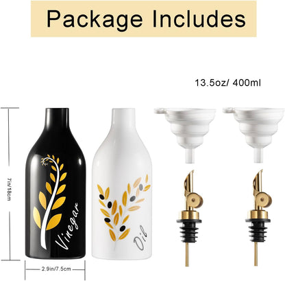 Oil and Vinegar Dispenser with Spout Set of 2, 13.5oz Olive Oil Dispenser Bottle for Kitchen Leakproof Oil Containers with Stainless Steel Pourer Suitable for Oil, Vinegar, Soy Sauce